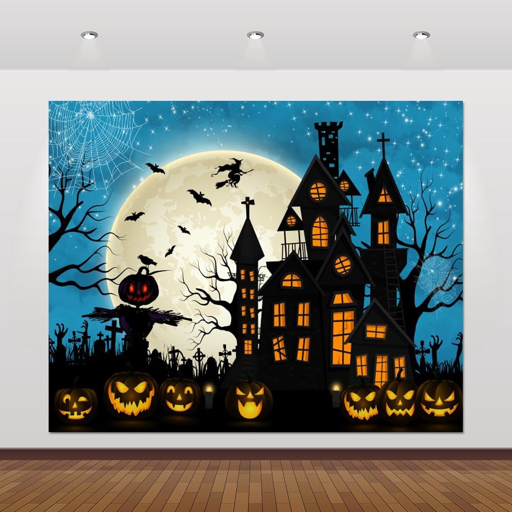 10×8 FT Halloween Backdrop Haunted House Graveyard Pumpkin Castle Party Photo