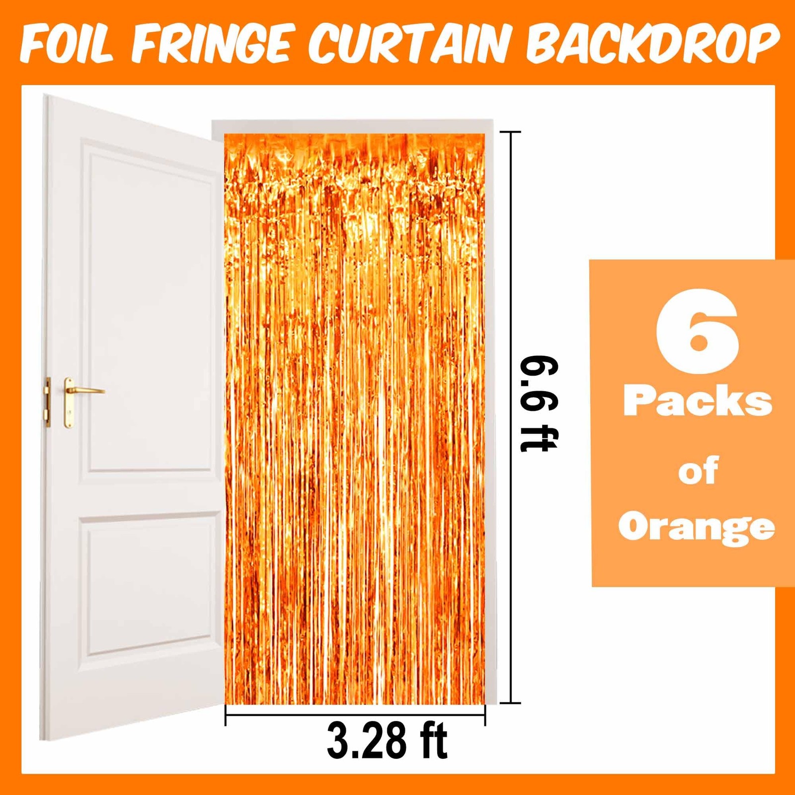 6 Pack Orange Foil Fringe Curtains Backdrop 3.28 x 6.6 Ft Metallic Party Decor