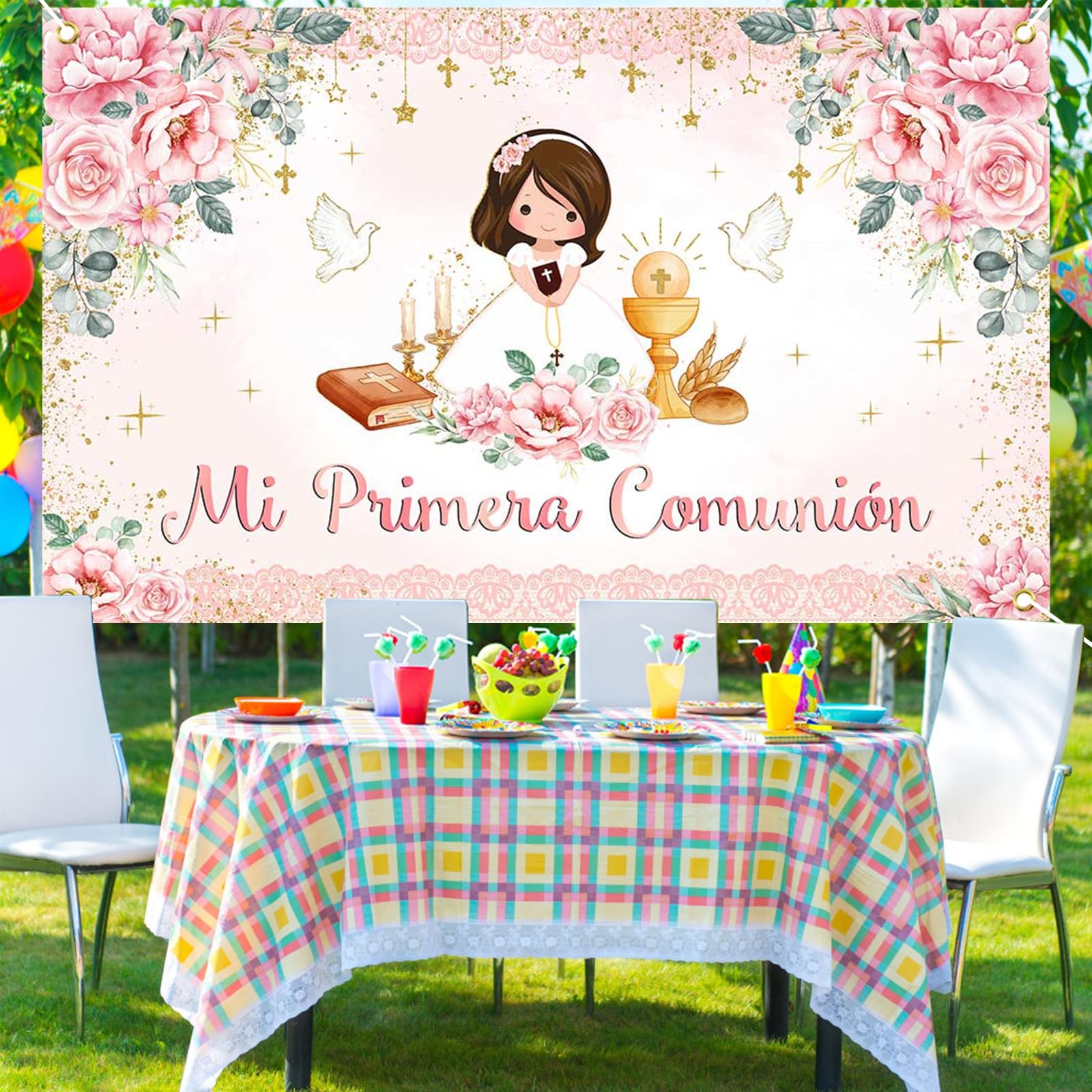 Mi Primera Comunion Banner Baptism Backdrop for Girls Pink Floral God Bless F…
