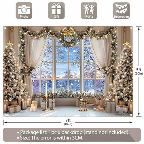 7x5ft White Snow Forest Scene Fabric Backdrop for Christmas Window