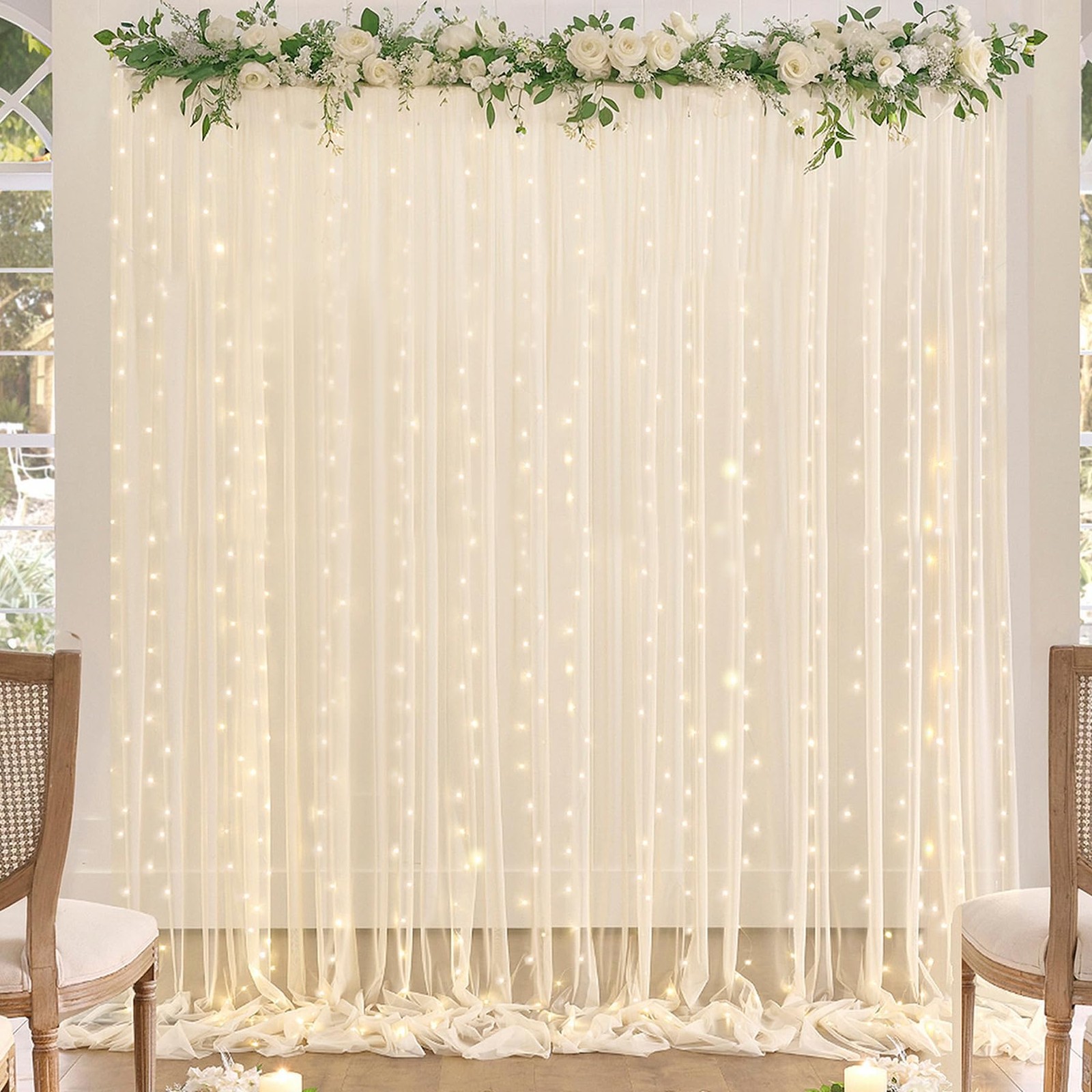 Champagne Tulle Backdrop Curtain with Lights String for Parites Wedding 5x8ft…