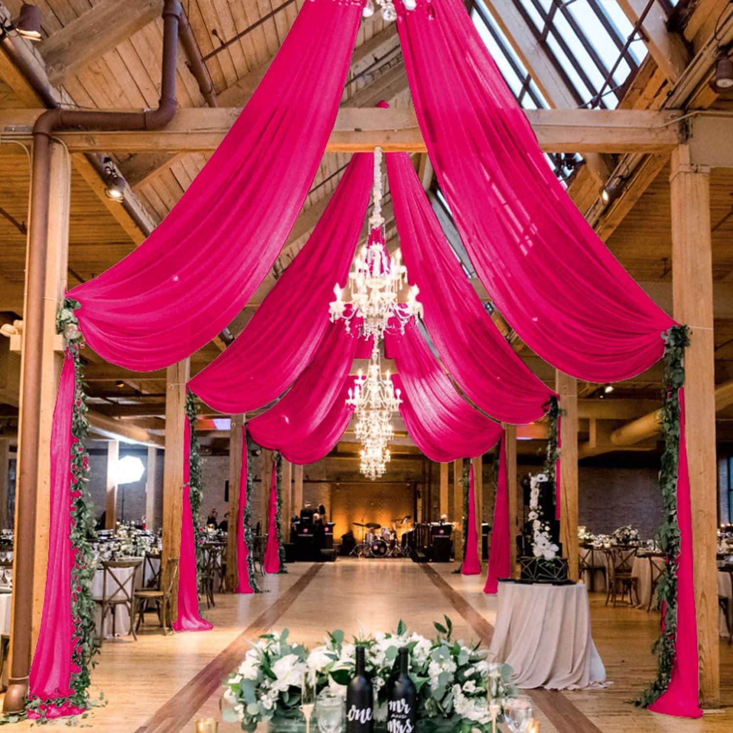 MODFUNS Wedding Ceiling Draping Hot Pink 60″W x 360″L (Pack of 4), Fuchsia