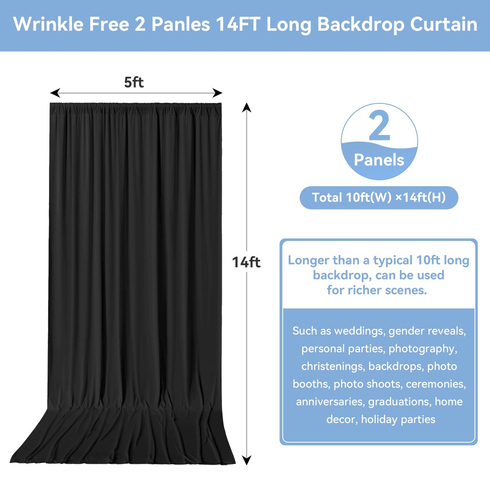 2 Panels 10×14 ft Black Backdrop Curtains for Wedding Wrinkle Free Drapes
