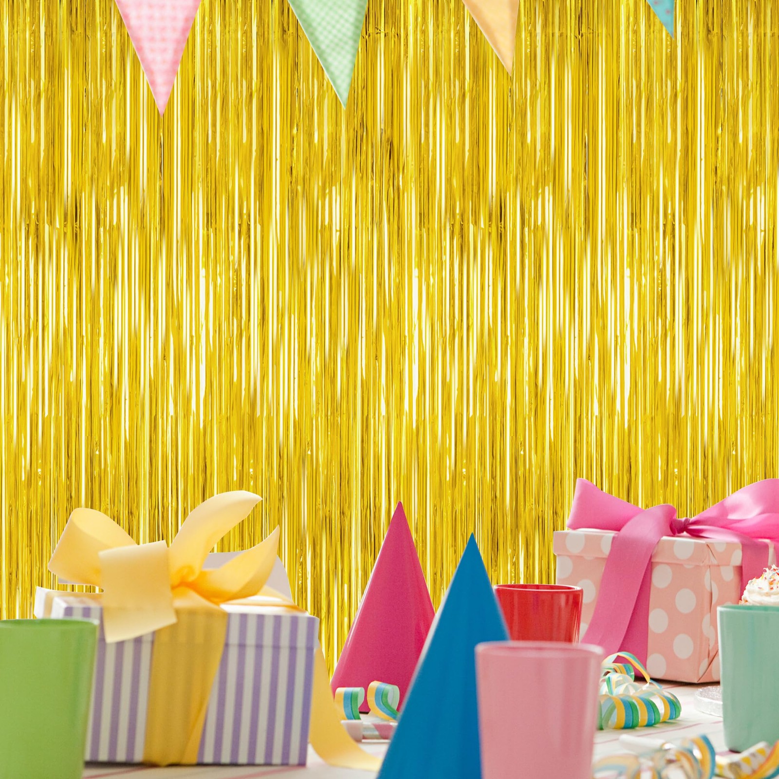 2 Pack Gold Tinsel Backdrop, 3.28 FT x 7.05 Metallic Fringe 2 PCS,