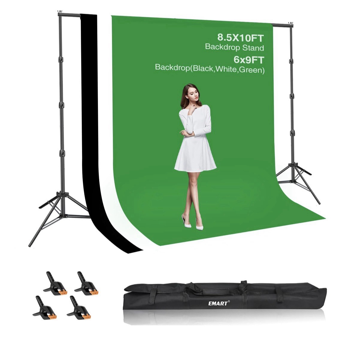 8.5x10ft Green Screen Backdrop Kit with 6x9ft Polyester Backdrop(Black/White/…