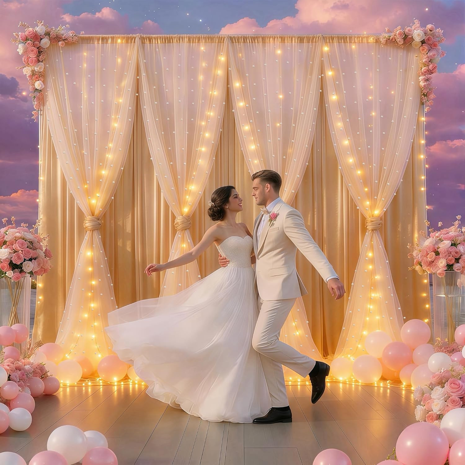 Champagne Pearl Tulle Backdrop with LED Lights for Weddings & Events