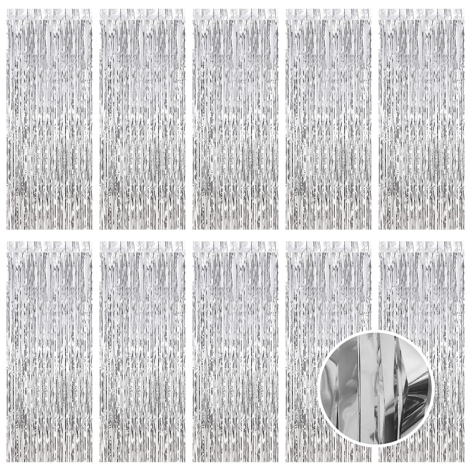 10 Pack Silver Foil Curtain Backdrop 3.2ft x 9.8ft Metallic Tinsel Foil Fring…