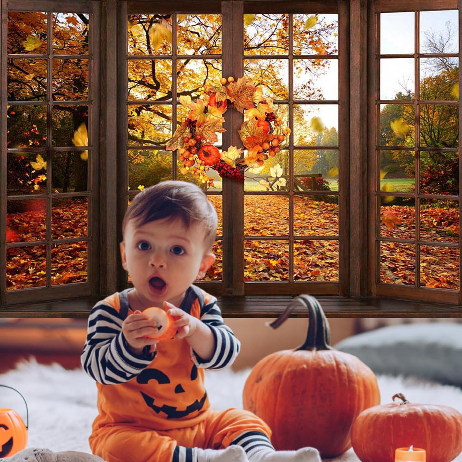 7x5ft Fall Backdrop Window Maple Leaves Fall Forest Photography Backdrop Autu…