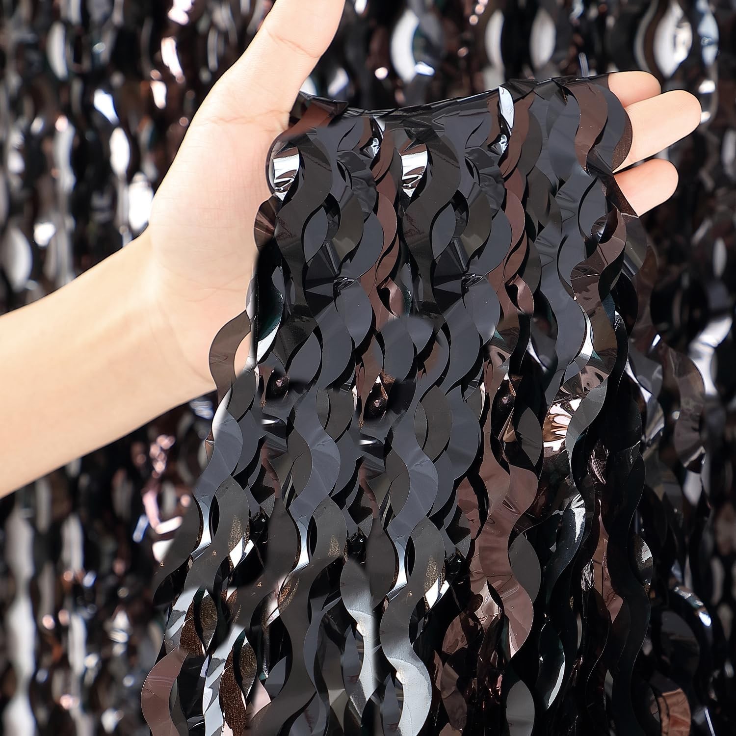 3 PCS New Years Wavy Black Tinsel Foil Fringe Curtain Backdrop 3.3×6.6 FT