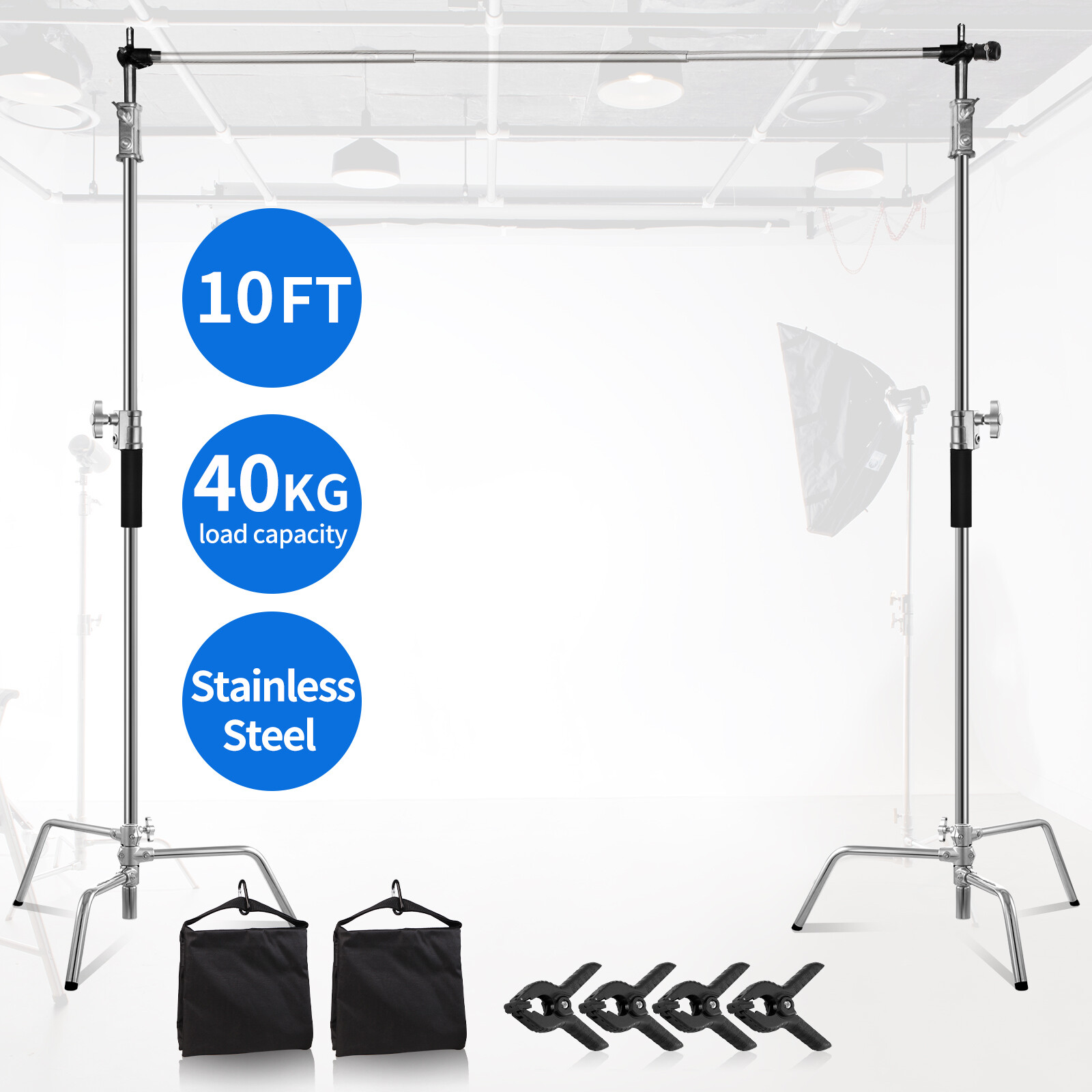 10FT Heavy Duty Backdrop C Stand Kit Background Photography Stainless Steel