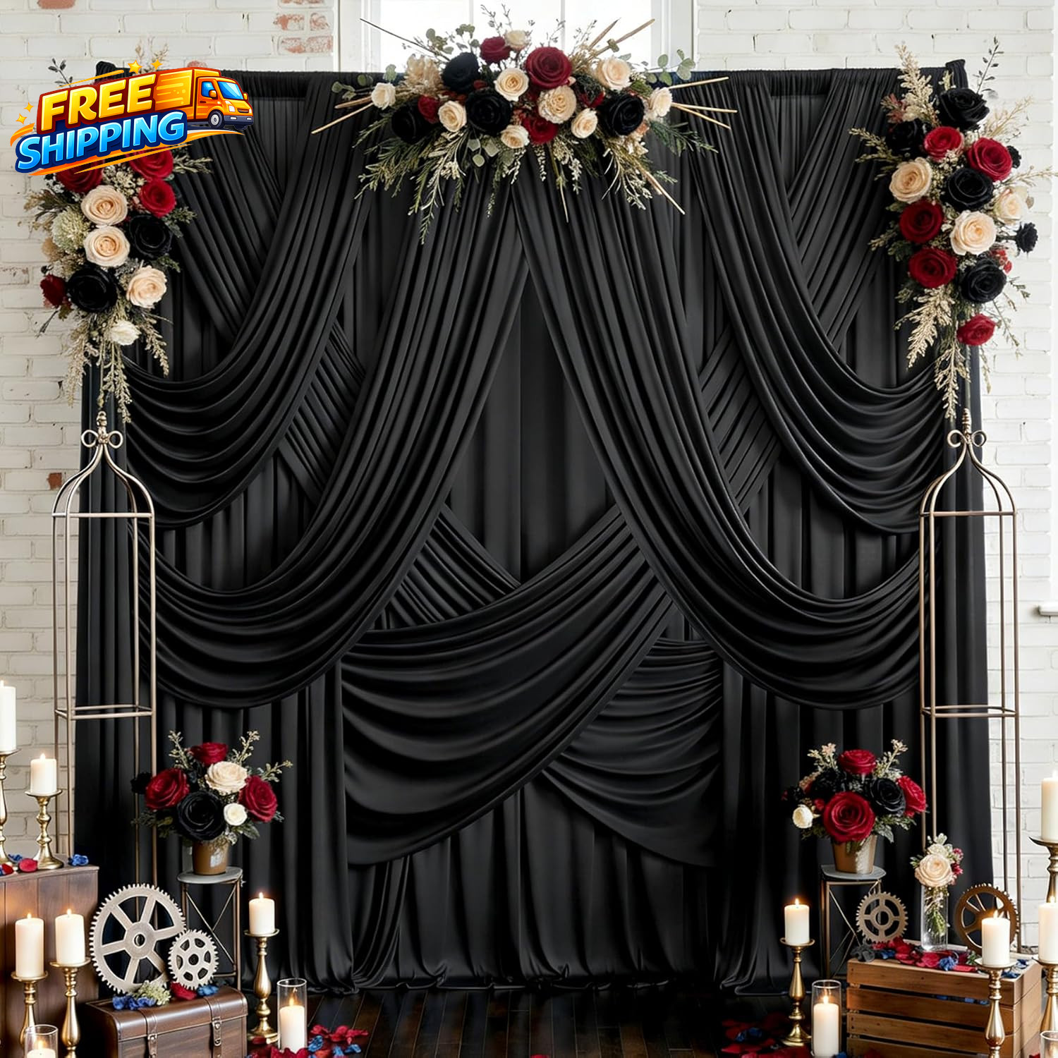 30Ft X 10Ft Wrinkle Free Black Backdrop Curtain for Parties 6 Panels 5X10Ft