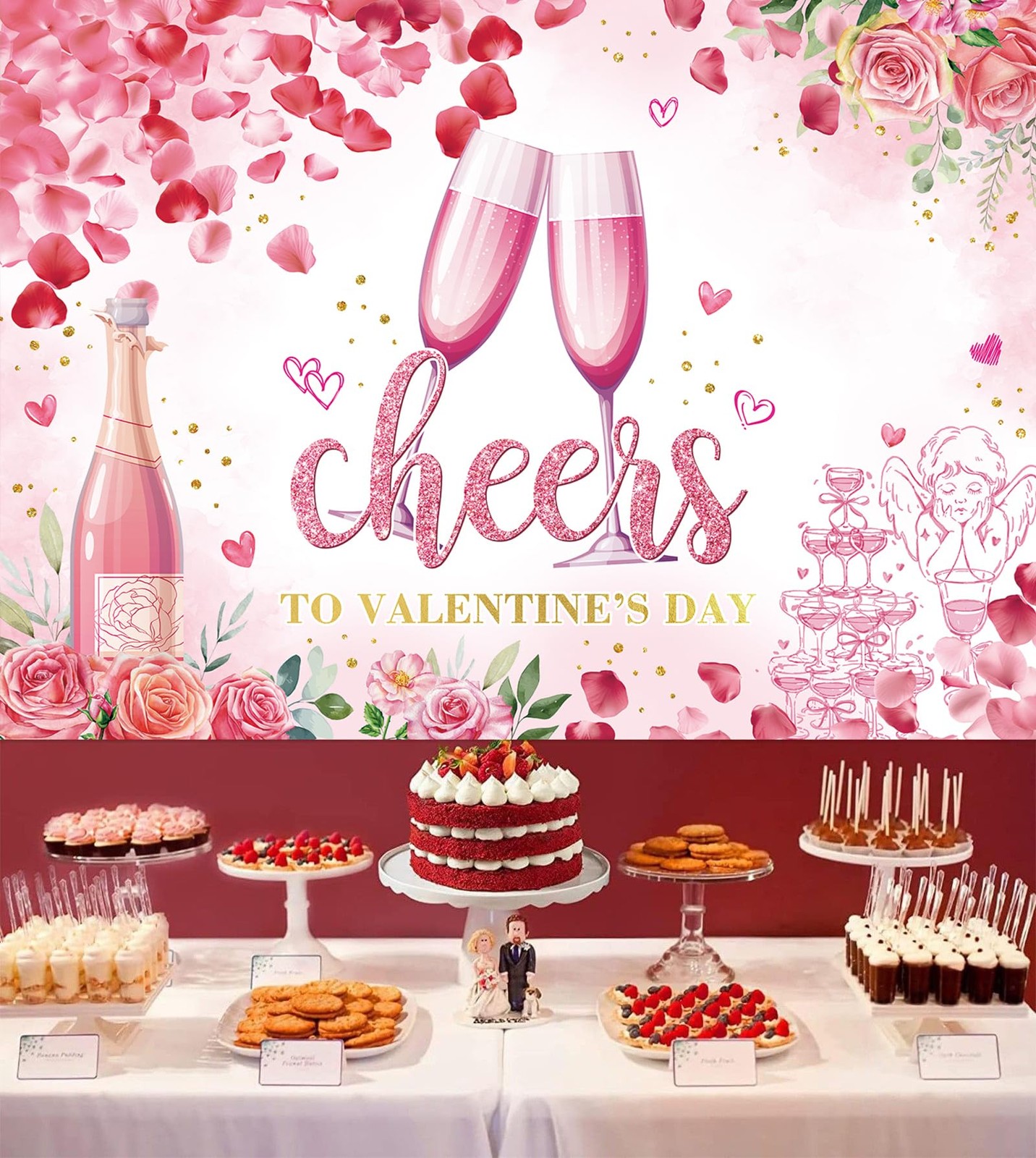 7x5FT 210x150cm Valentines Day Backdrop Pink Flower Love Heart Glitter Dots