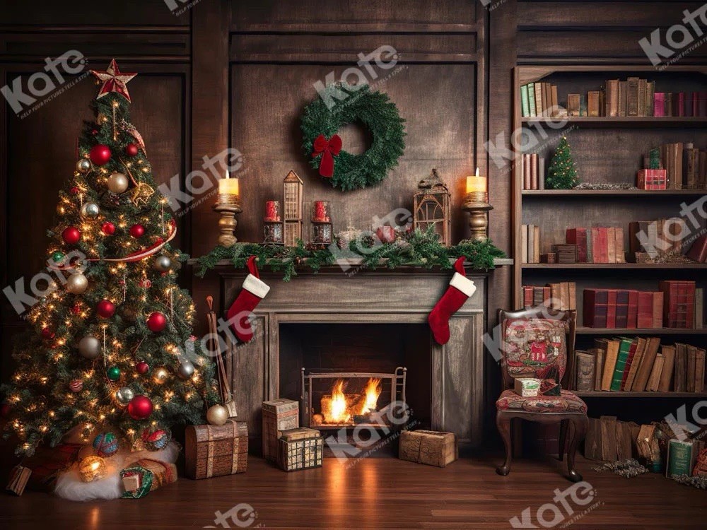 Kate Retro Christmas Tree Fireplace Santa Warm House for Photography 7’x5’ New