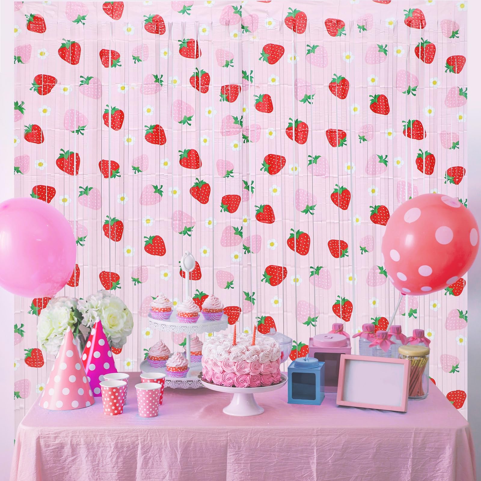 2 PCS Strawberry Foil Fringe Curtain Birthday Party Backdrop 3.3×6.6 FT