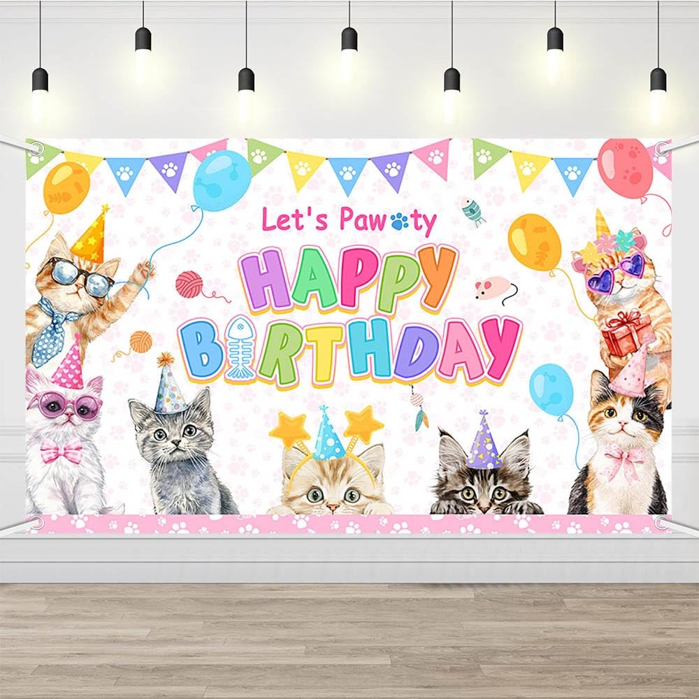 Cat Birthday Decorations Pink Cute Cat Birthday Party Banner Let’s Pawty Cats…