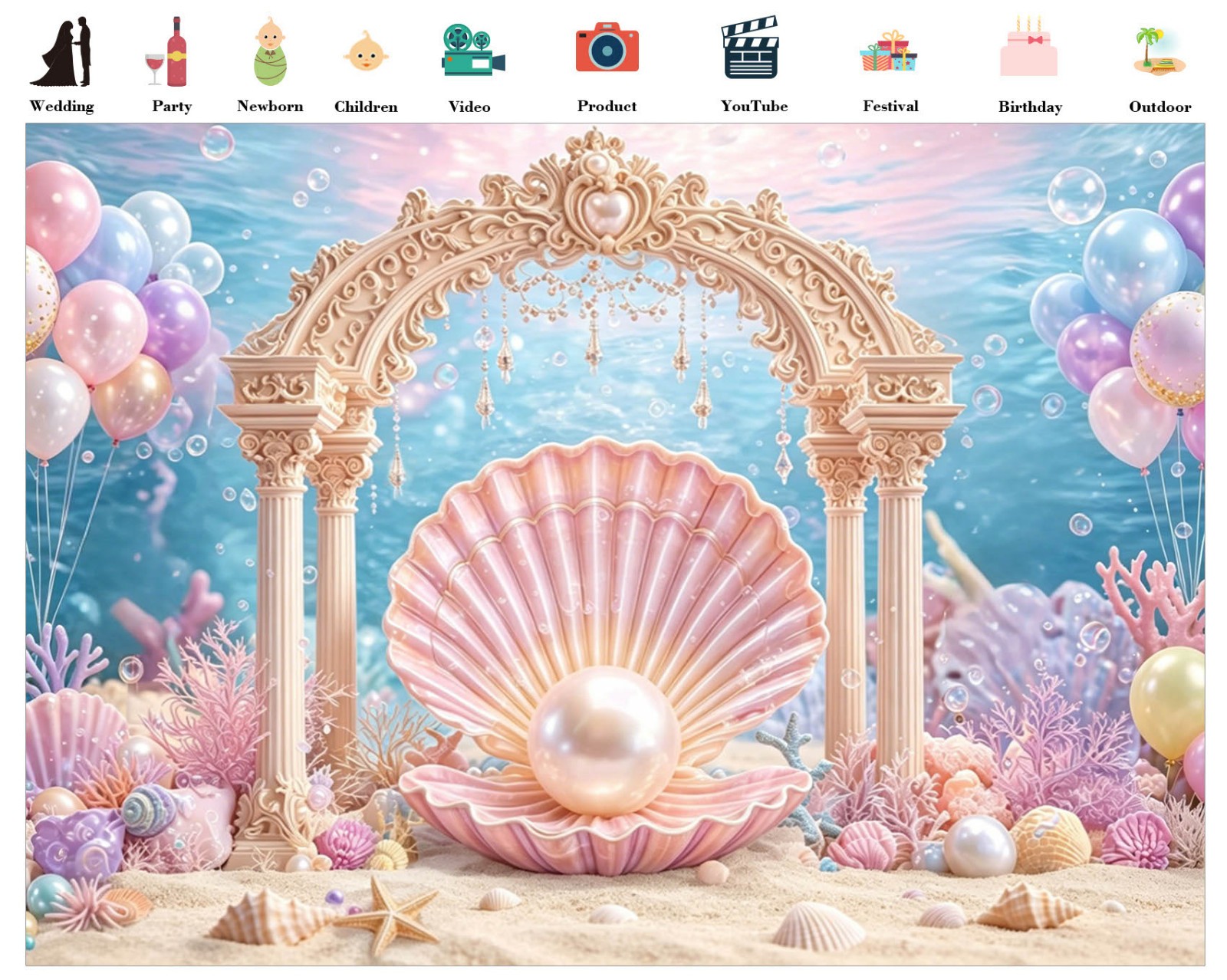 10x8ft Under The Sea Backdrop Ocean Princess Party Background for Photography