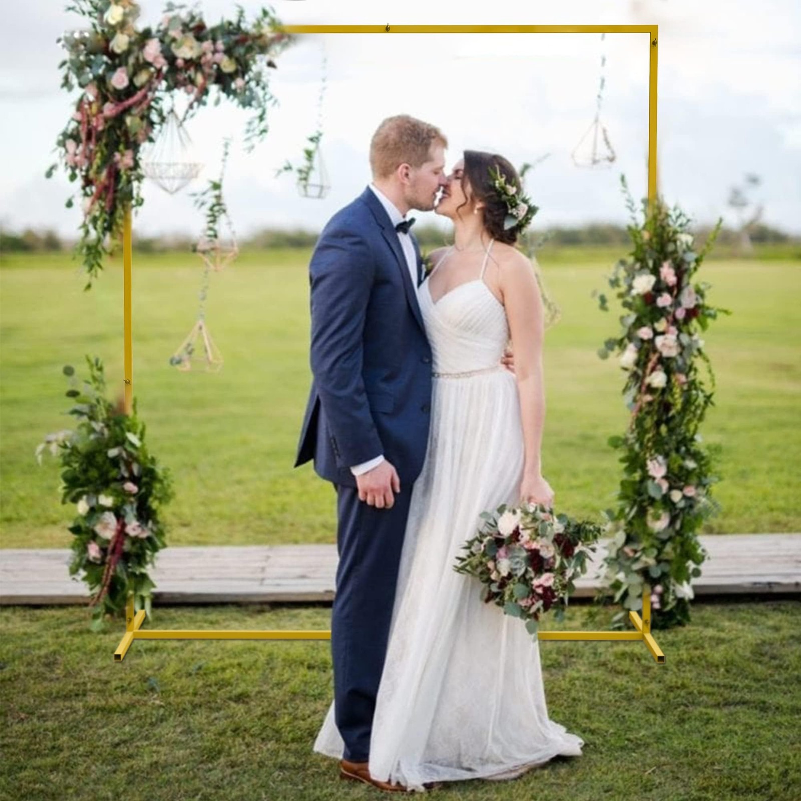 Backdrop Stand Square Wedding Arch 6.6FT x 5.2FT Gold Metal Balloon Arch Back…