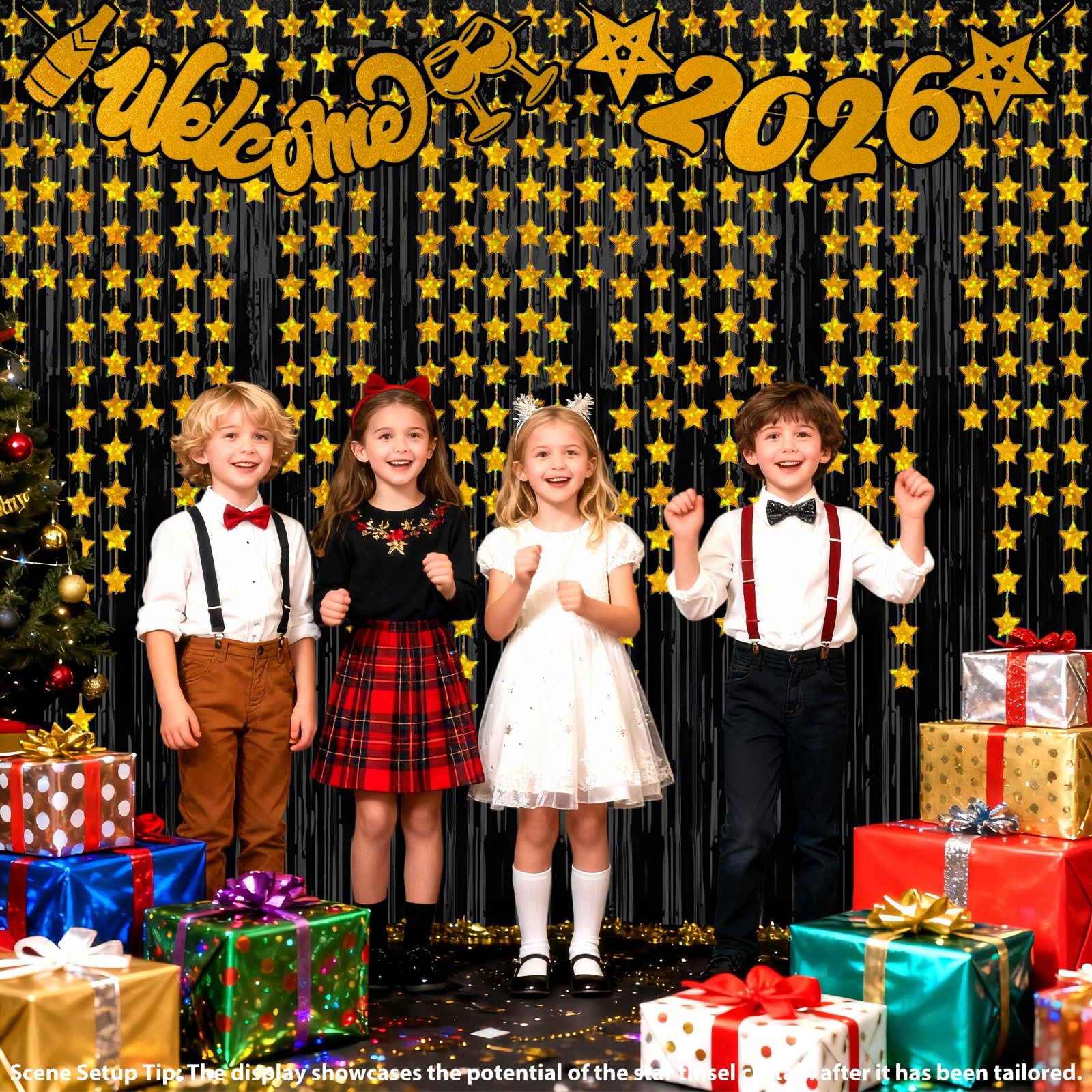 4 PCS 3.3×6.6ft Black Gold Star Tinsel Fringe Curtain Backdrop