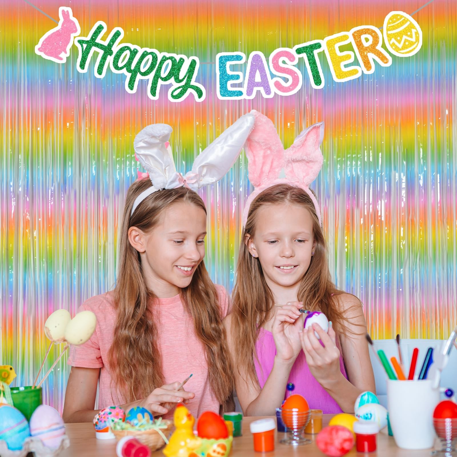 2 PCS 3.2×8.2 Ft Macaron Rainbow Foil Fringe Curtains Easter Backdrop