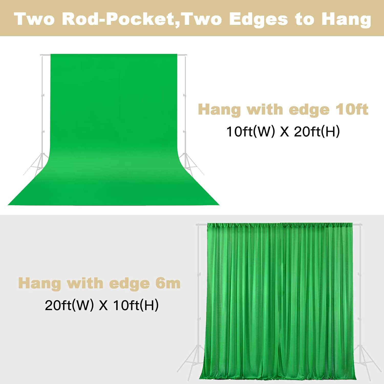10X20Ft Large Green Screen Backdrop for Photography, Two Rod Pocket Chromakey C