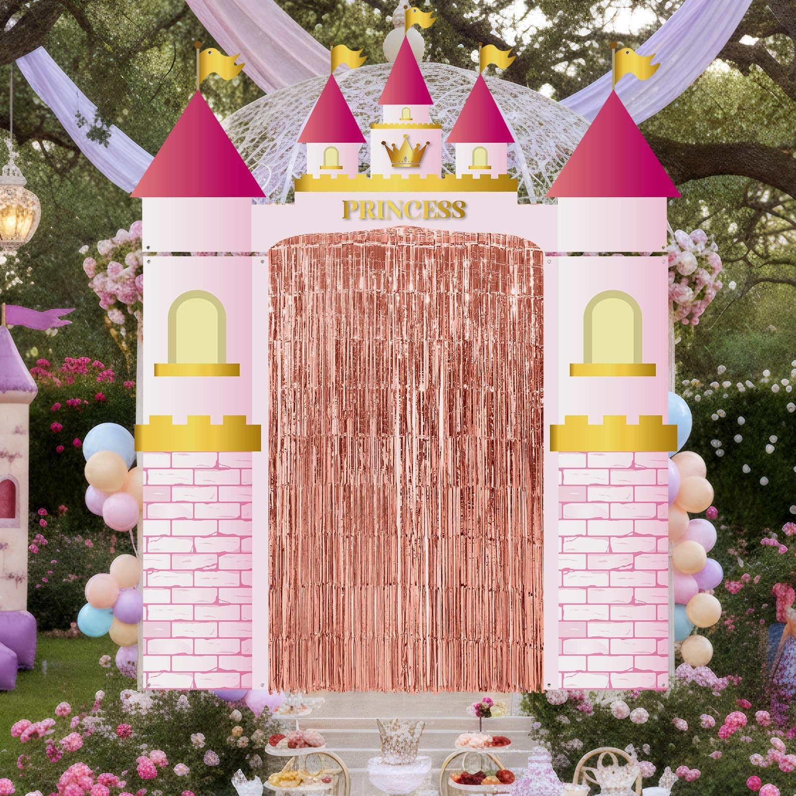 7pcs Princess Party Decorations Castle Porch Banners Pink Rug Rose Foil Fring…
