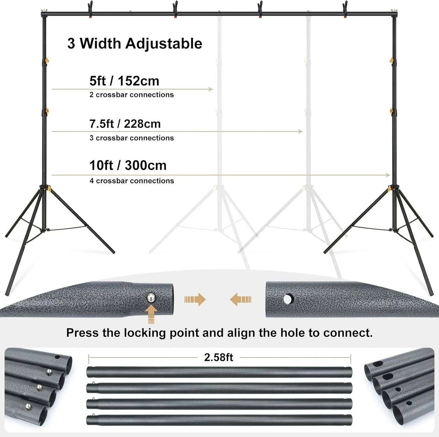 Lightweight 10×6.5ft Backdrop Stand with Crossbar & Carrying Bag for Photography
