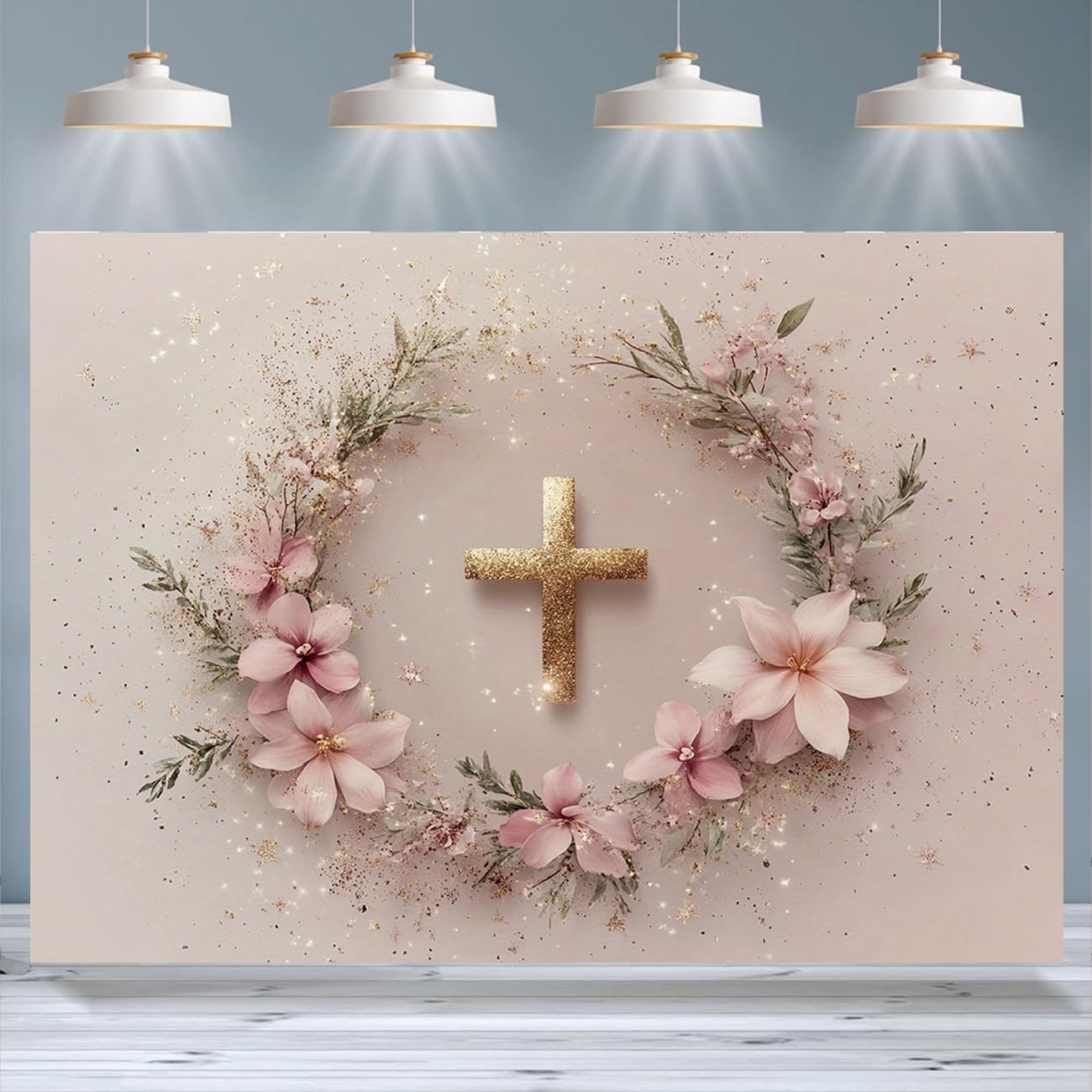 God Bless Baptism Photography Background Pink Floral Gold Backdrop 7x5ft