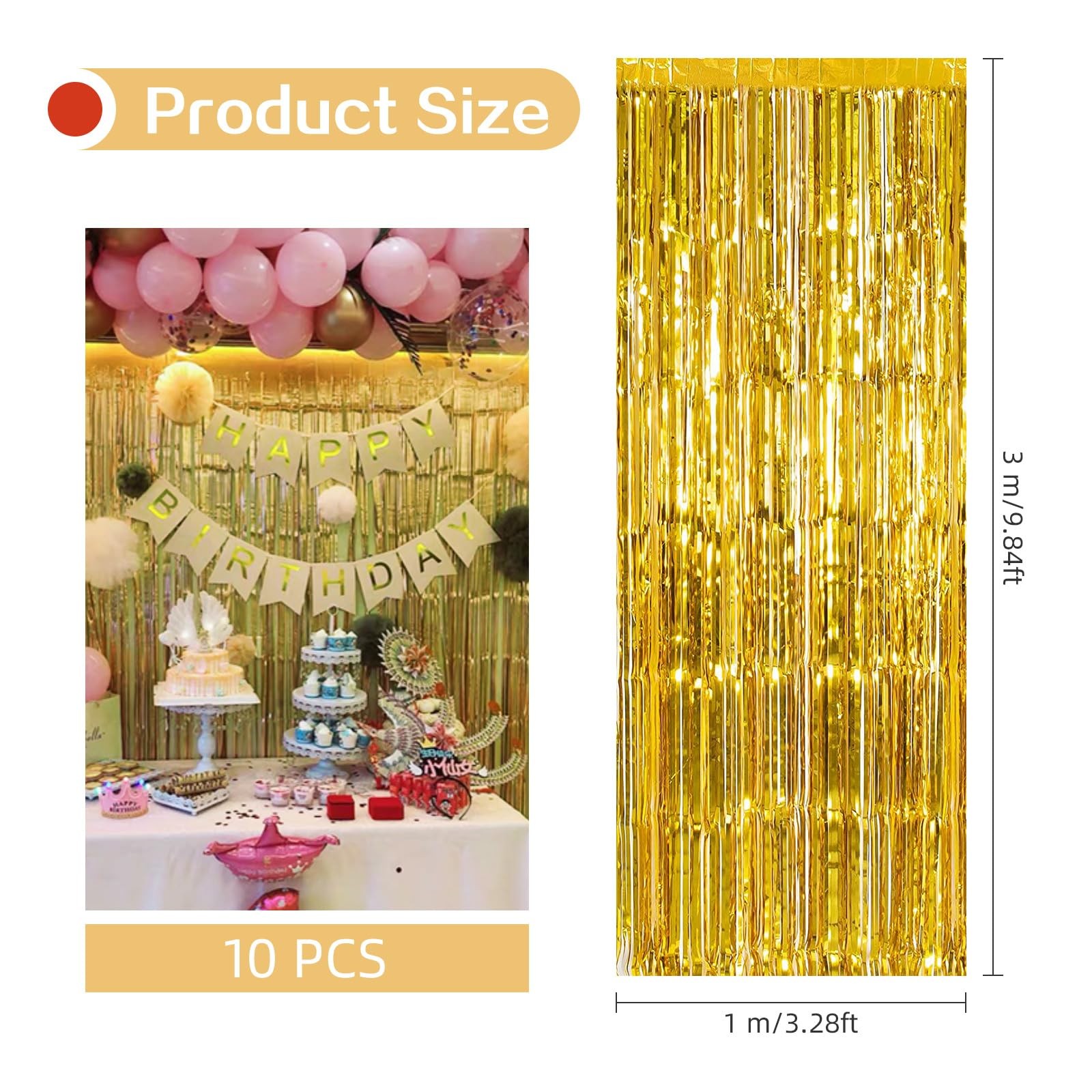 10 Pack Gold Foil Curtain Backdrop 3.2ft x 9.8ft Metallic Tinsel Foil Fringe …