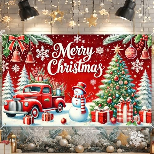 Red Truck Backdrop with Snowman 71×43 Inch Merry Christmas Banner