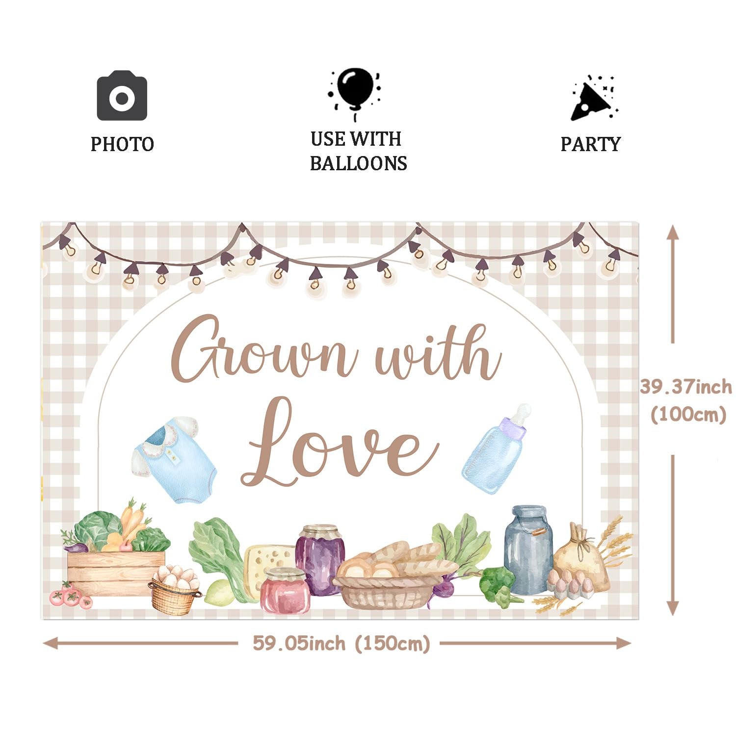 5x3ft Locally Grown Baby Shower Backdrop Fruit Vegetable Brown Plaid