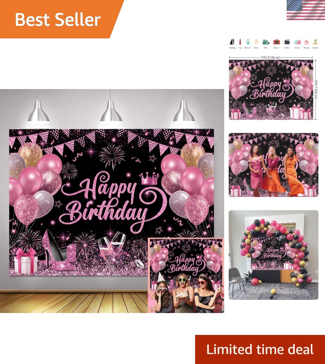 7X5Ft Pink and Black Happy Birthday Backdrop Women Birthday Party Photography