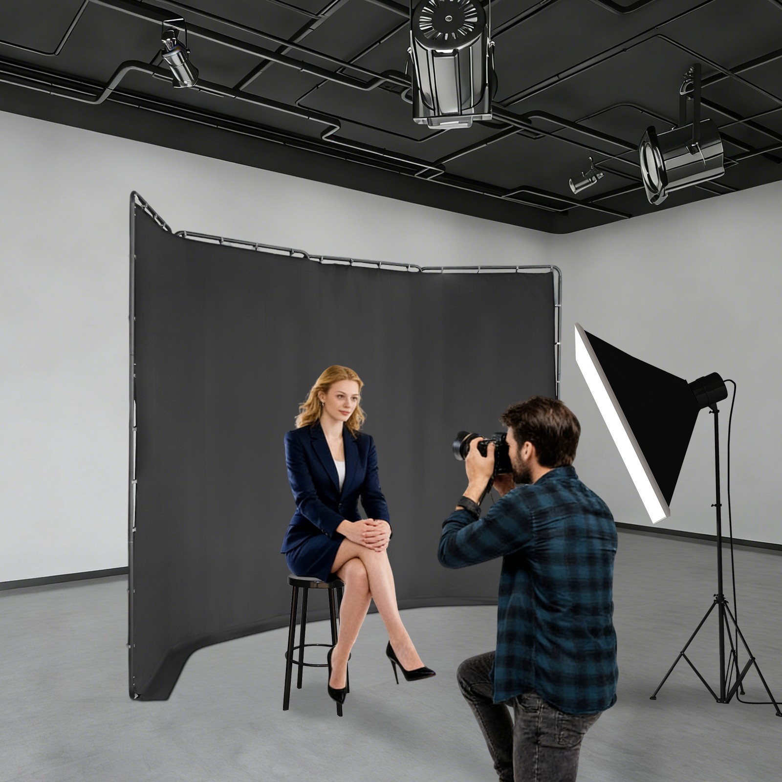 Backdrop Stand Floor Standing Photography Backdrop Stand w/Black Cloth 3.88*2.3m