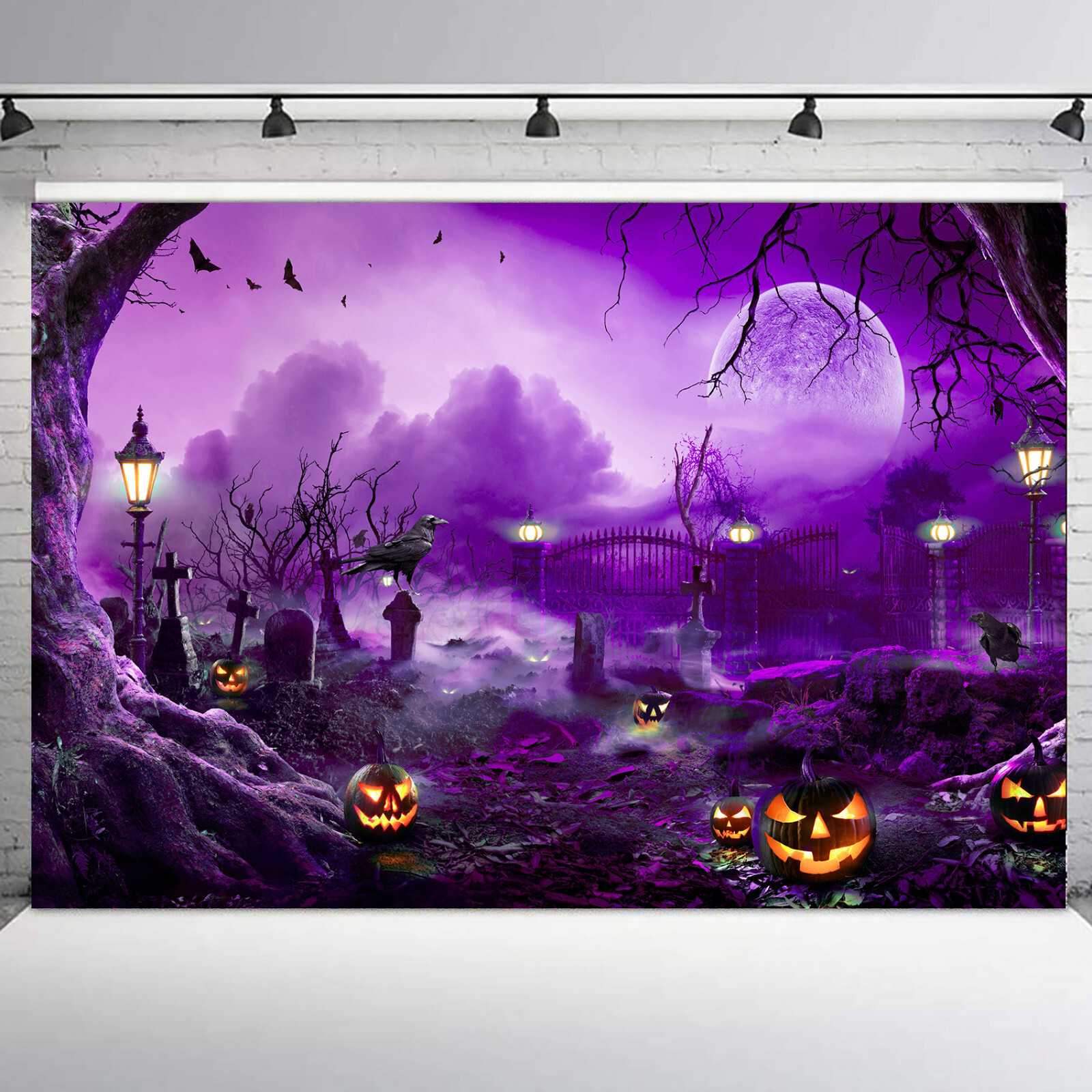 10x8ft Purple Fall Moon Crow Cemetery Halloween Photo Background Studio Props