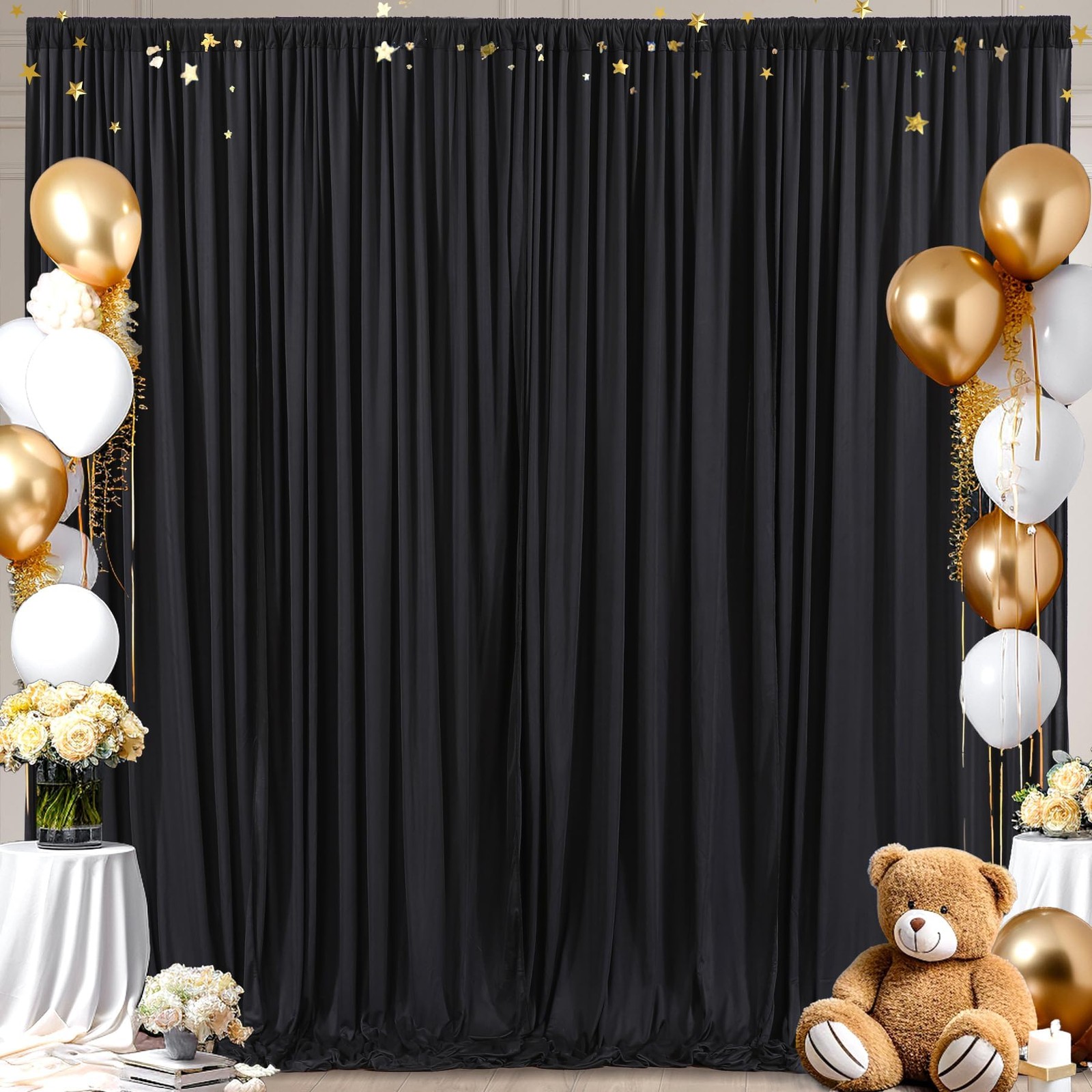 8x10FT Black Backdrop Curtains Wrinkle Free Polyester Photography 2 Panels