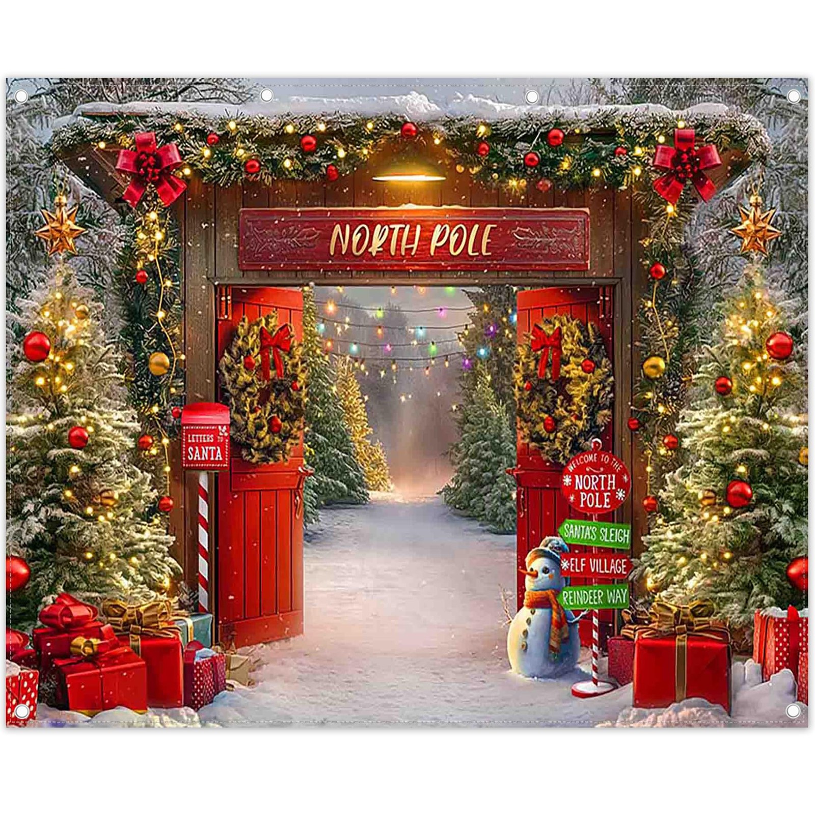 10x8ft Fabric Christmas Backdrop Winter Forest Wooden Barn Door North Pole Sn…