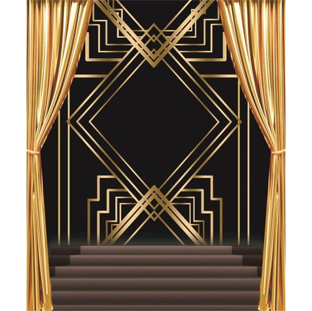 Black Golden Backdrop For Party 8×10 Ft Fabric Roaring 20s Decorations Prom