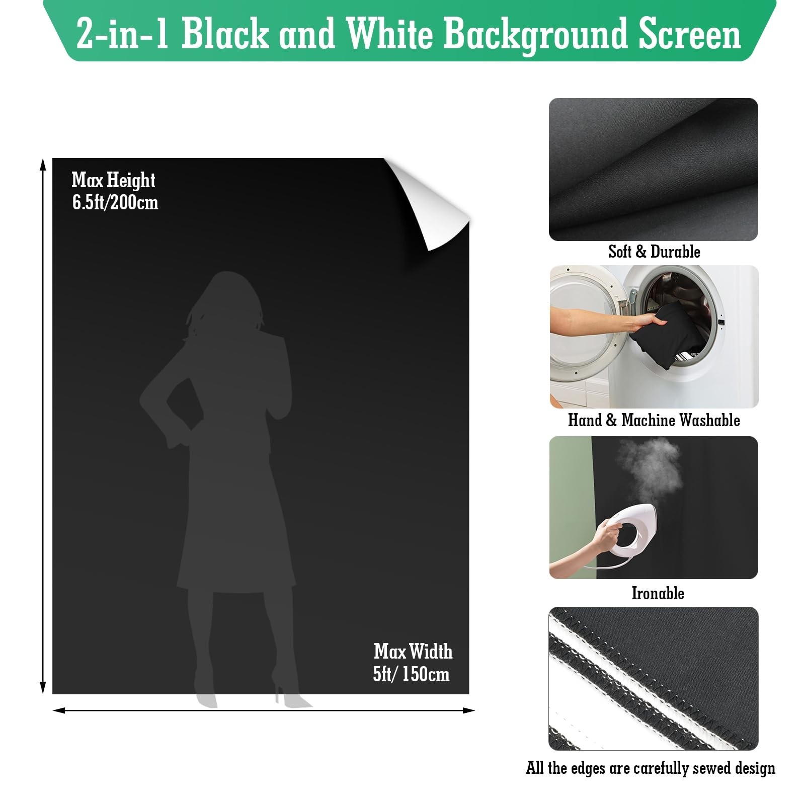 5×6.5ft Reversible Black & White Backdrop Screen Kit with T-Stand & 5 Clamps