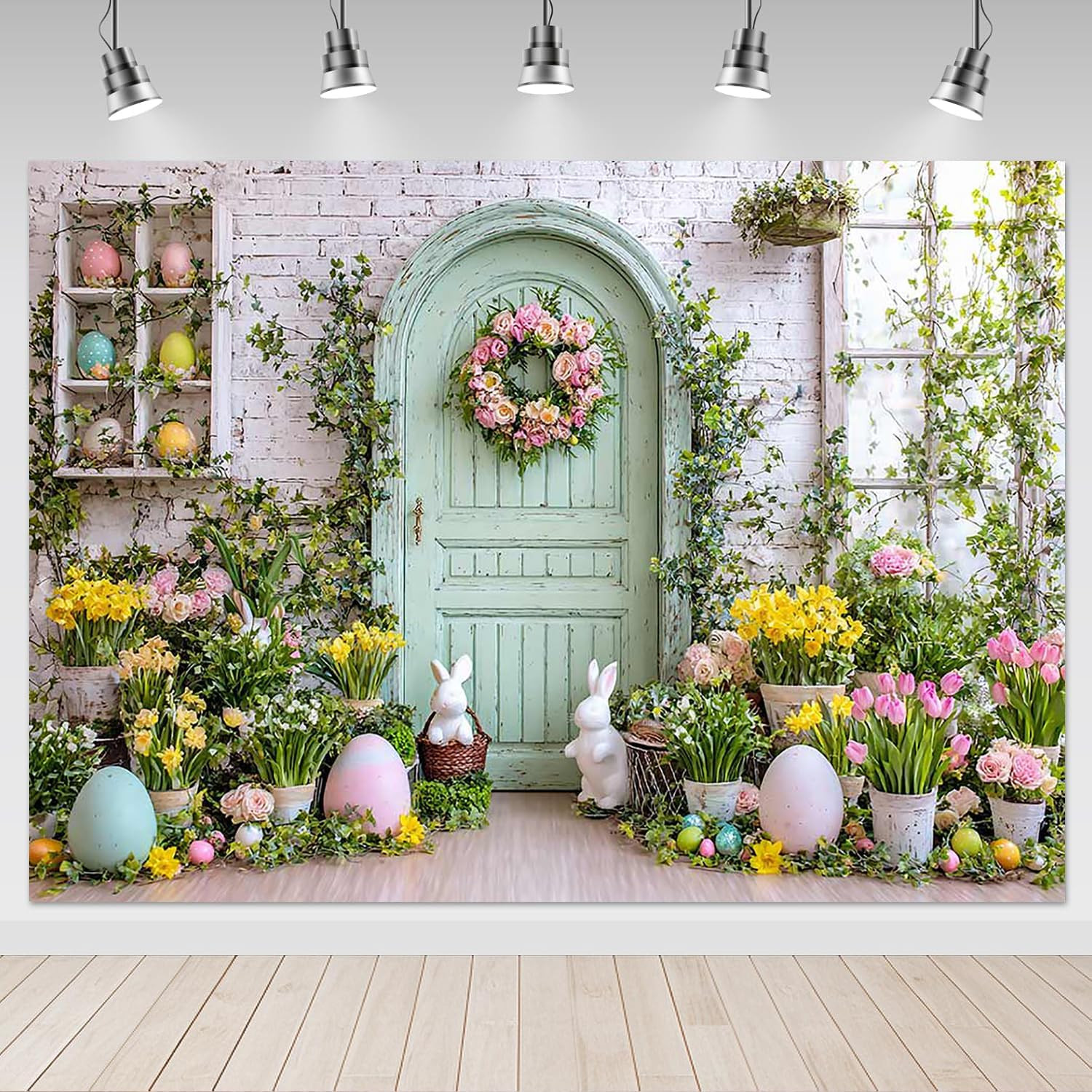 Spring Easter Backdrop 7X5Ft – Green Wooden Wall Floral Photography