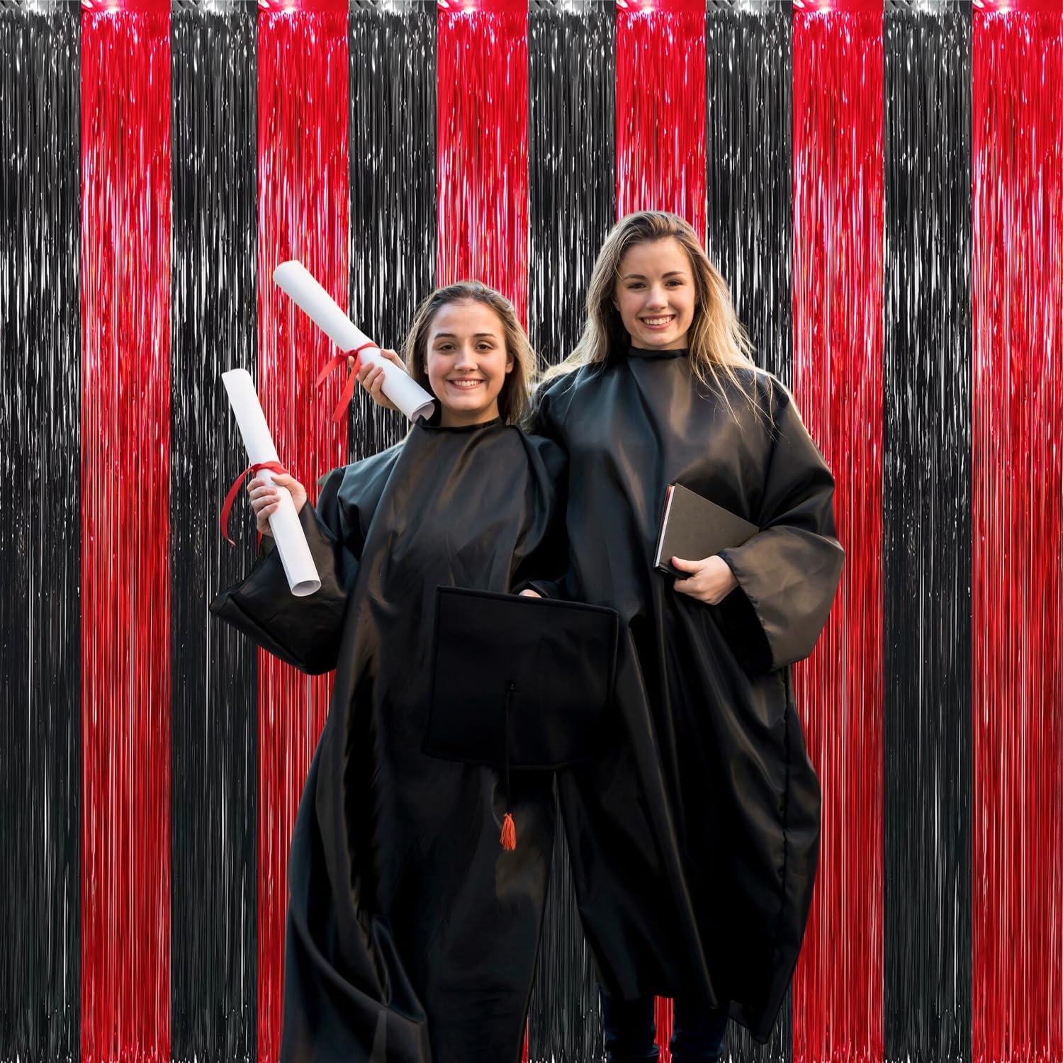 4 PCS 3.2×8.2 Feet Black Red Metallic Tinsel Foil Fringe Curtains Streamers