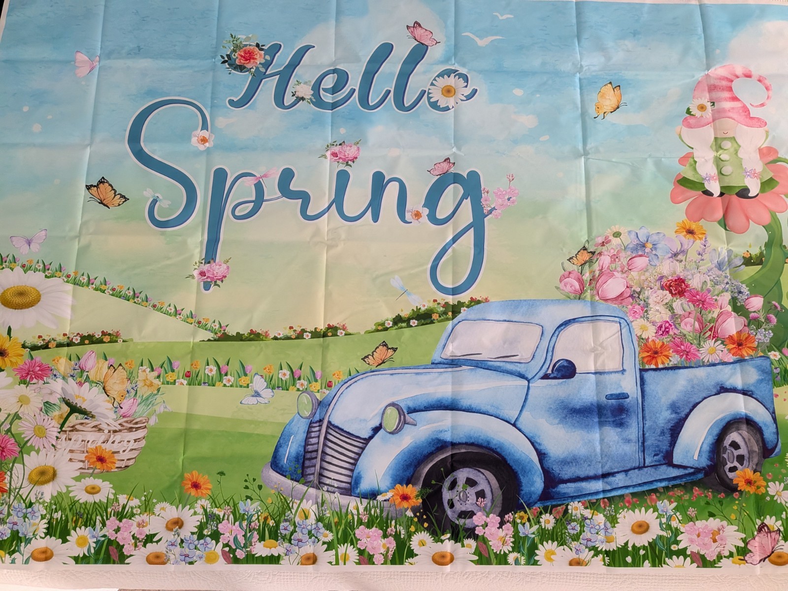 Hello Spring Banner Vibrant Floral Blue Truck Gnome Easter Party Photo Backdrop