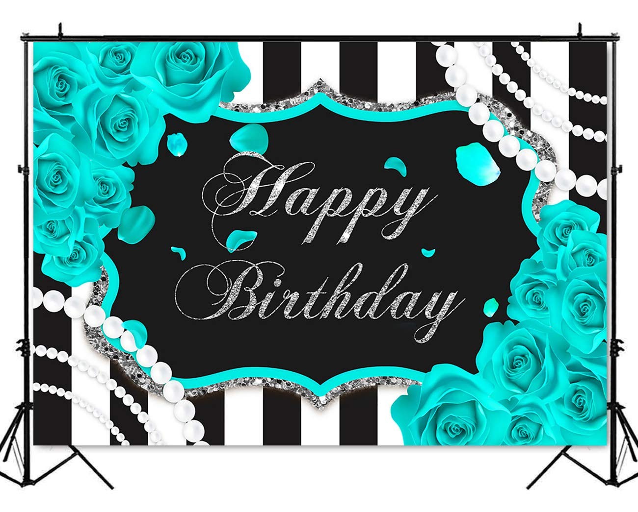 Silver Turquoise Floral Birthday Backdrop 7x5FT Black White Stripes Teal Decor