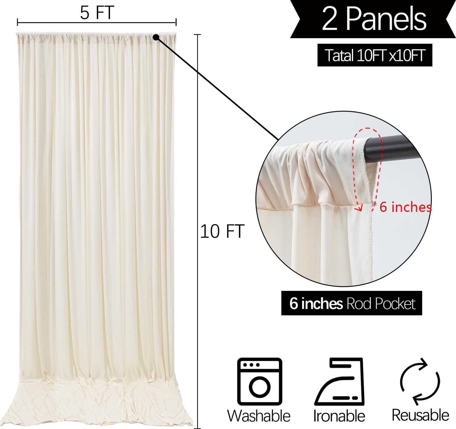 2 Panels Ivory Backdrop Curtain Wrinkle Free Soft Fabric Photography 5×10 Ft
