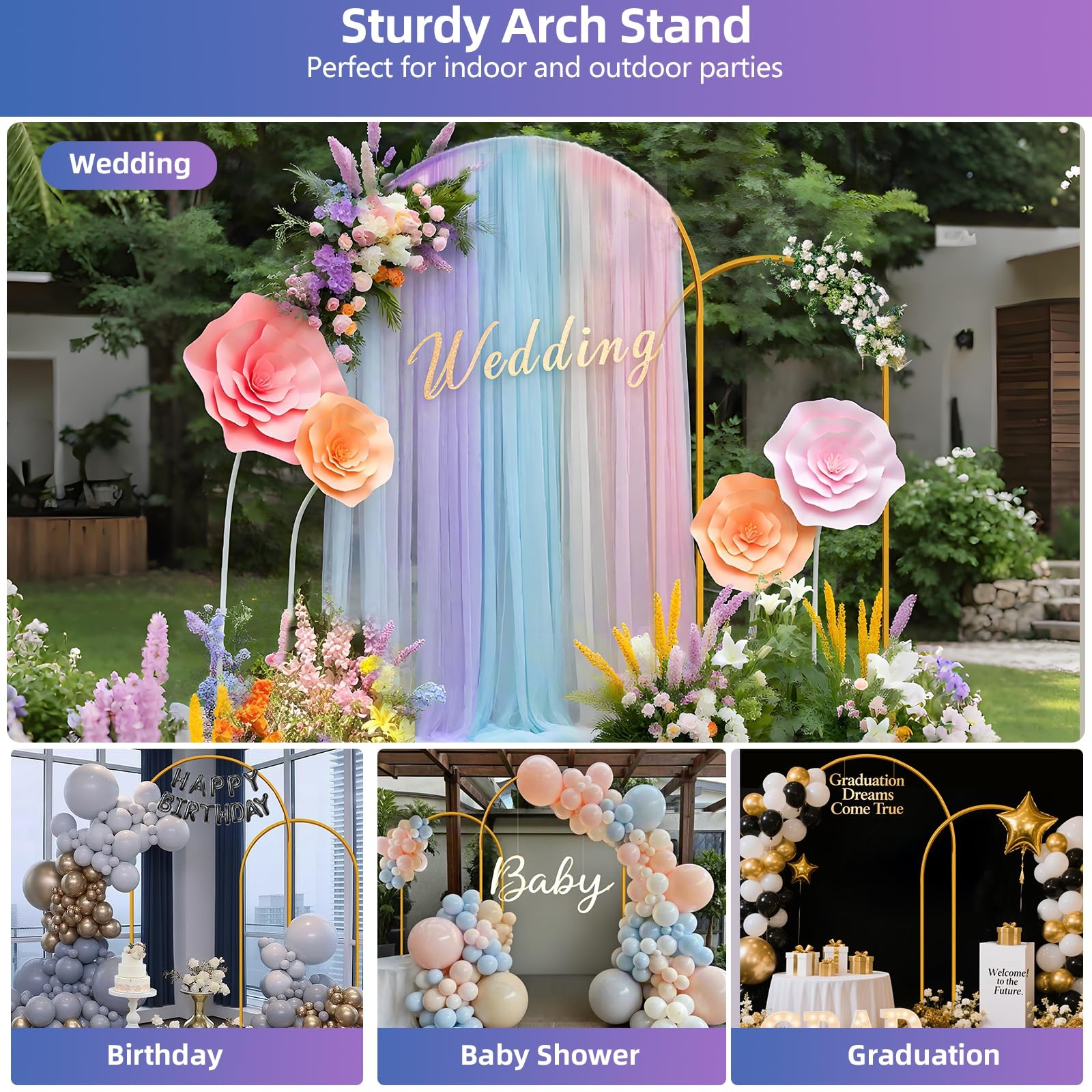 Arch Backdrop Stand Set of 2, 7.2ft & 6ft Metal Arch Frame with Ground Stakes…
