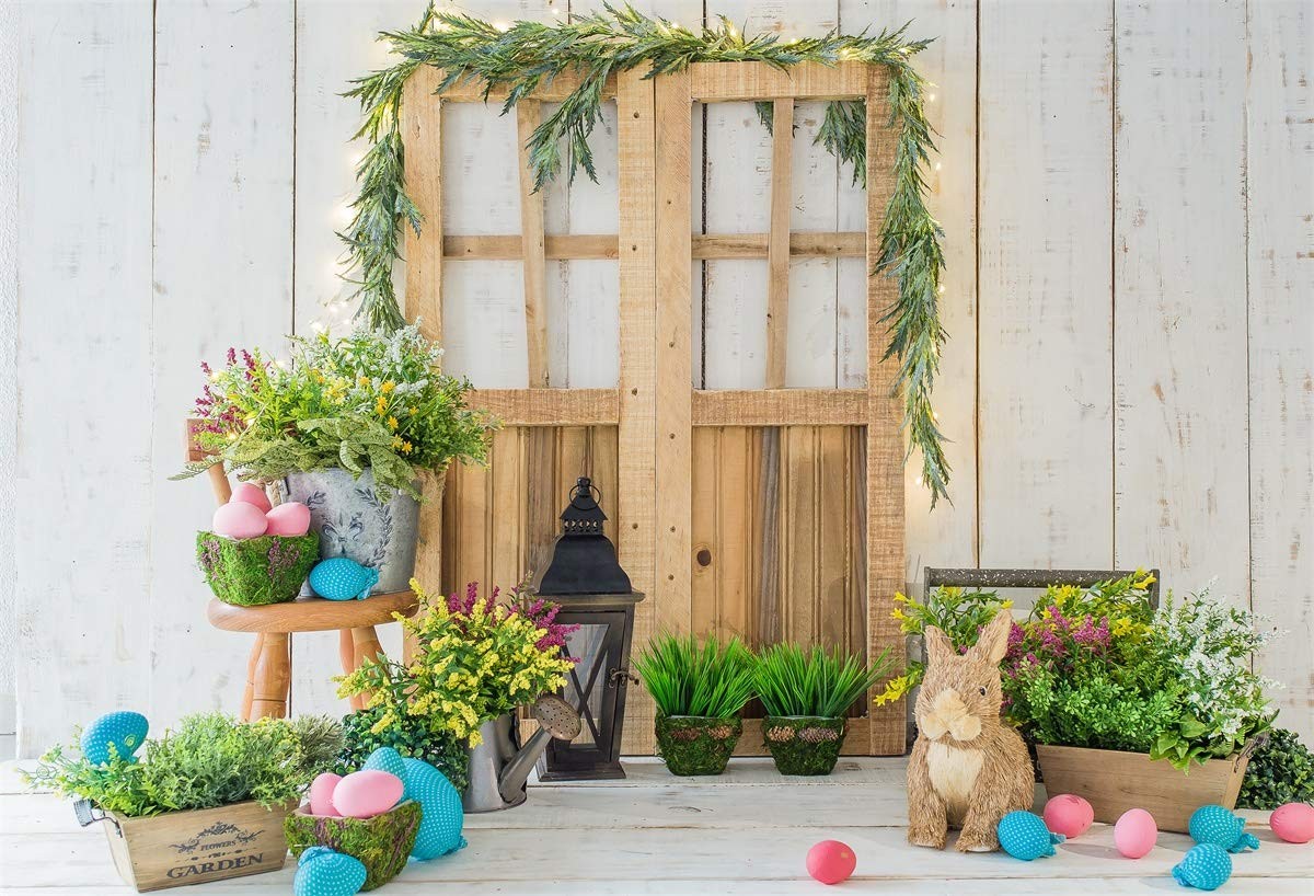 Spring Easter Photography Backdrop Wood Barn Eggs Flowers Background 7×5 Ft