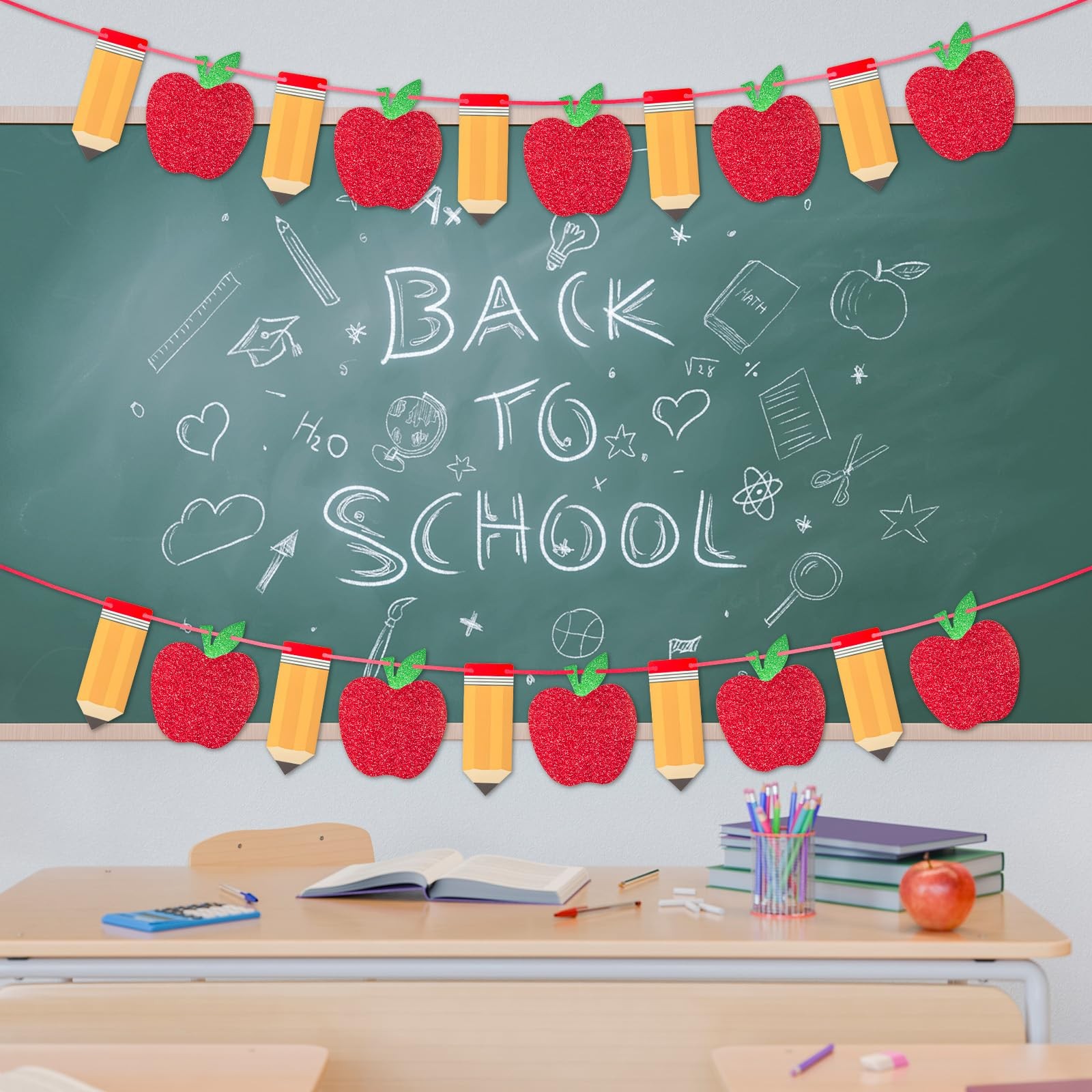 2 Pcs Pencil Apple Banner for Back to School Decorations Sign Garland, First …