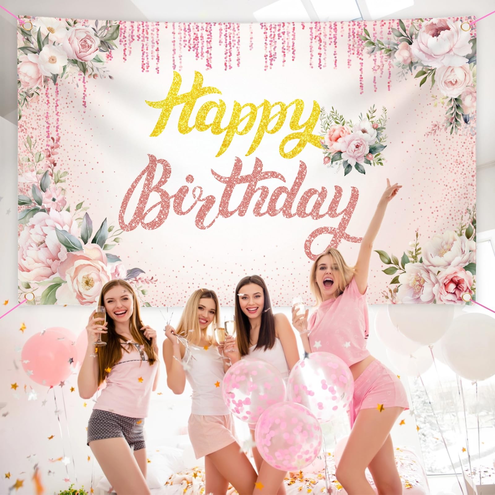Happy Birthday Backdrop Banner, 3 x 5Ft Floral Background Party Supplies Pink…
