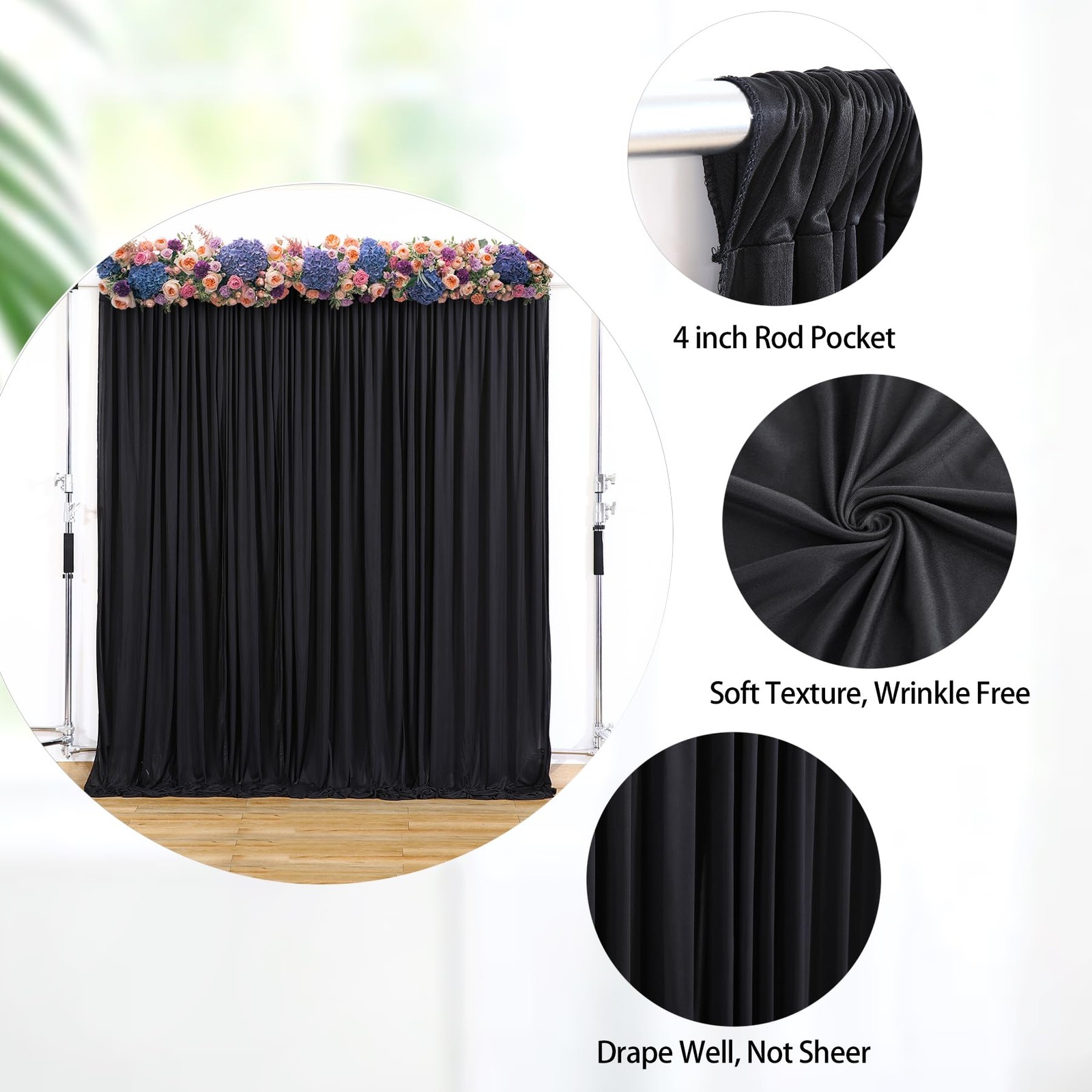 Black Backdrop Curtains for Party 8x10ft 2 Panels Wrinkle-Free Polyester