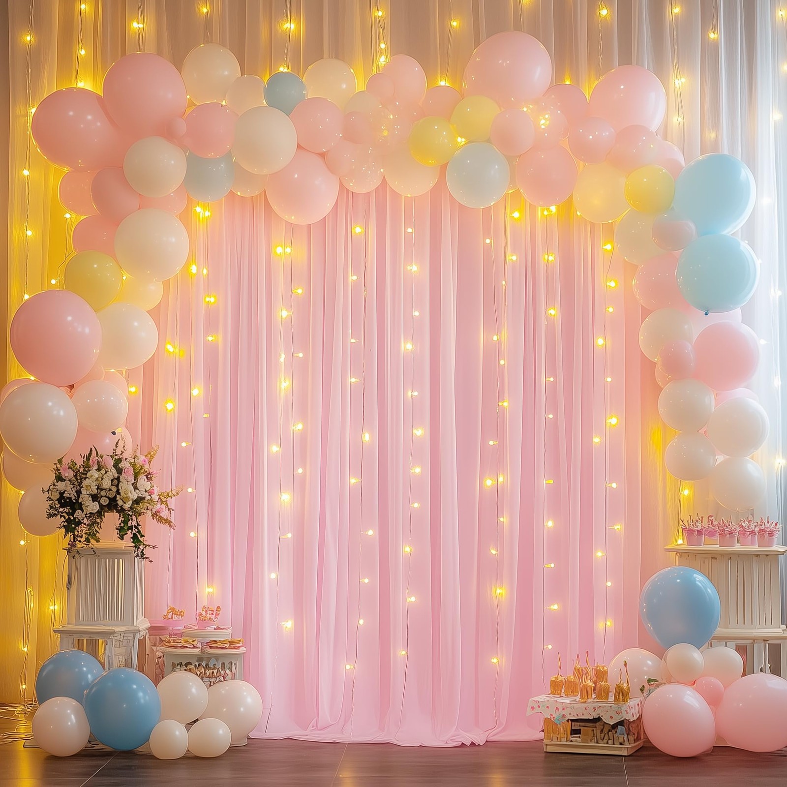 Tulle Backdrop Curtain with Lights String 10FT X 10FT Pink Sheer Tulle Backdr…