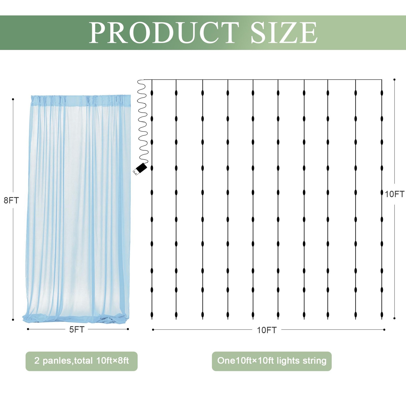 2 PCS Baby Blue Tulle Backdrop Curtain Light String 10×8 FT Sheer Panel 5×8