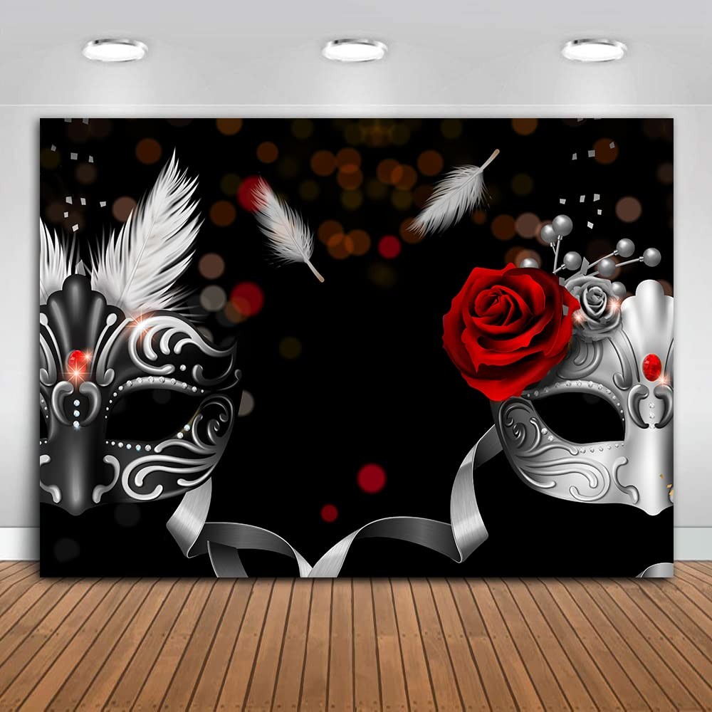 Masquerade Backdrop 7x5ft Silver Rose Feather Black Photography Background